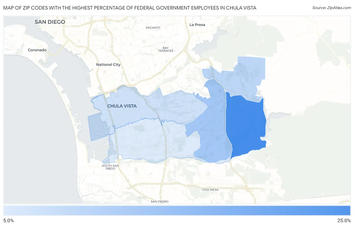 Zip Codes with the Highest Percentage of Federal Government Employees in Chula Vista Map