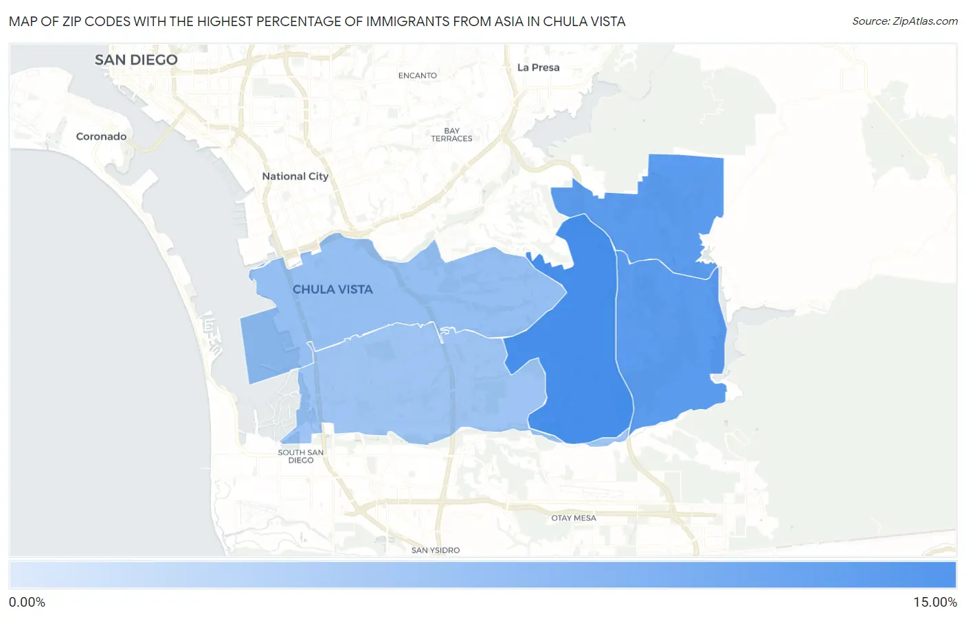 Zip Codes with the Highest Percentage of Immigrants from Asia in Chula Vista Map