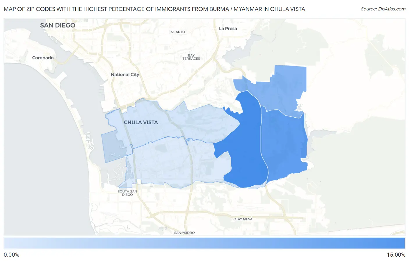 Zip Codes with the Highest Percentage of Immigrants from Burma / Myanmar in Chula Vista Map