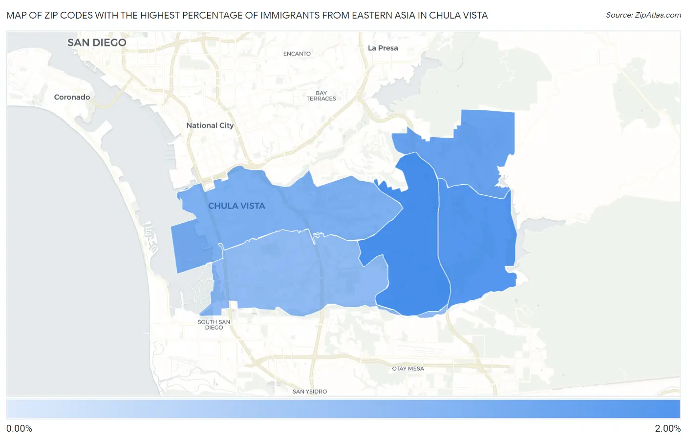 Zip Codes with the Highest Percentage of Immigrants from Eastern Asia in Chula Vista Map