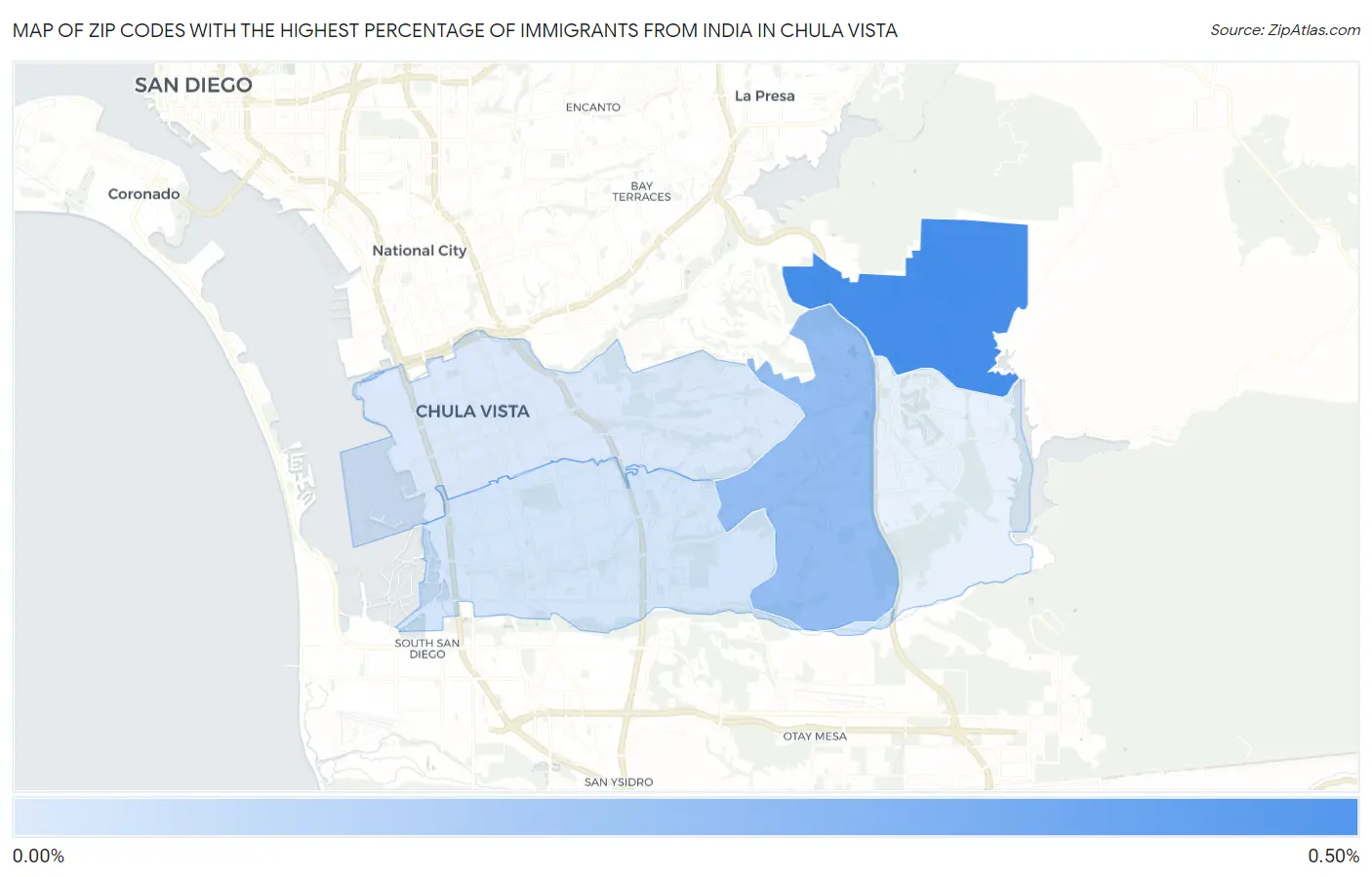 Zip Codes with the Highest Percentage of Immigrants from India in Chula Vista Map