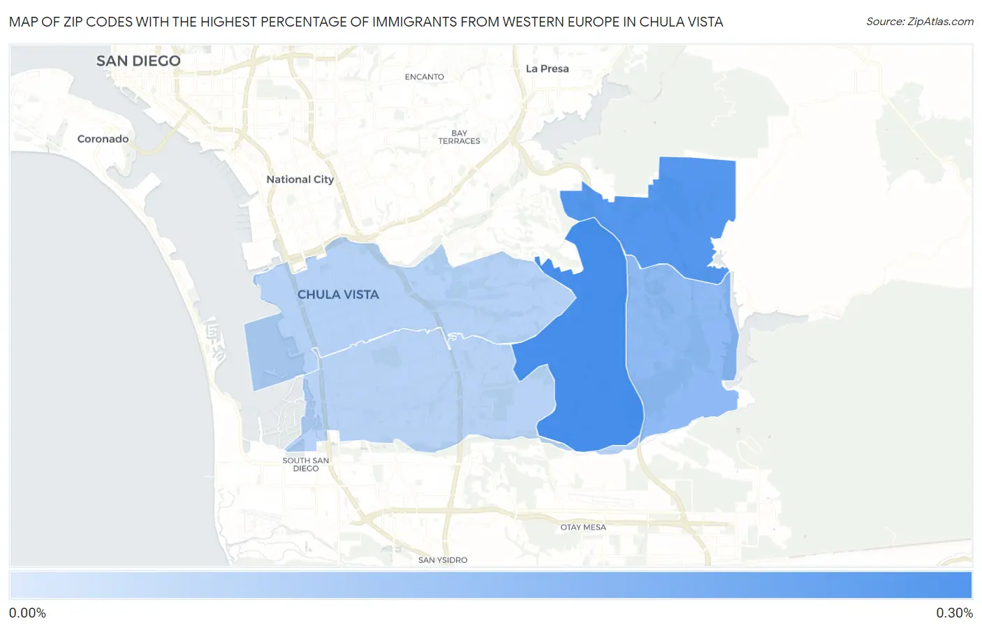 Zip Codes with the Highest Percentage of Immigrants from Western Europe in Chula Vista Map