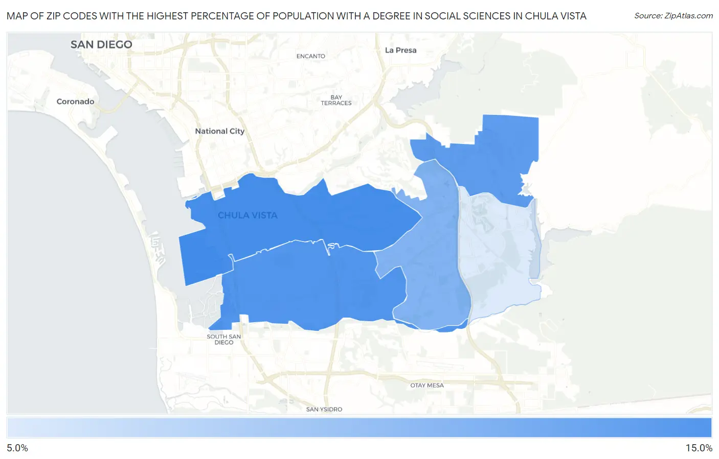 Zip Codes with the Highest Percentage of Population with a Degree in Social Sciences in Chula Vista Map