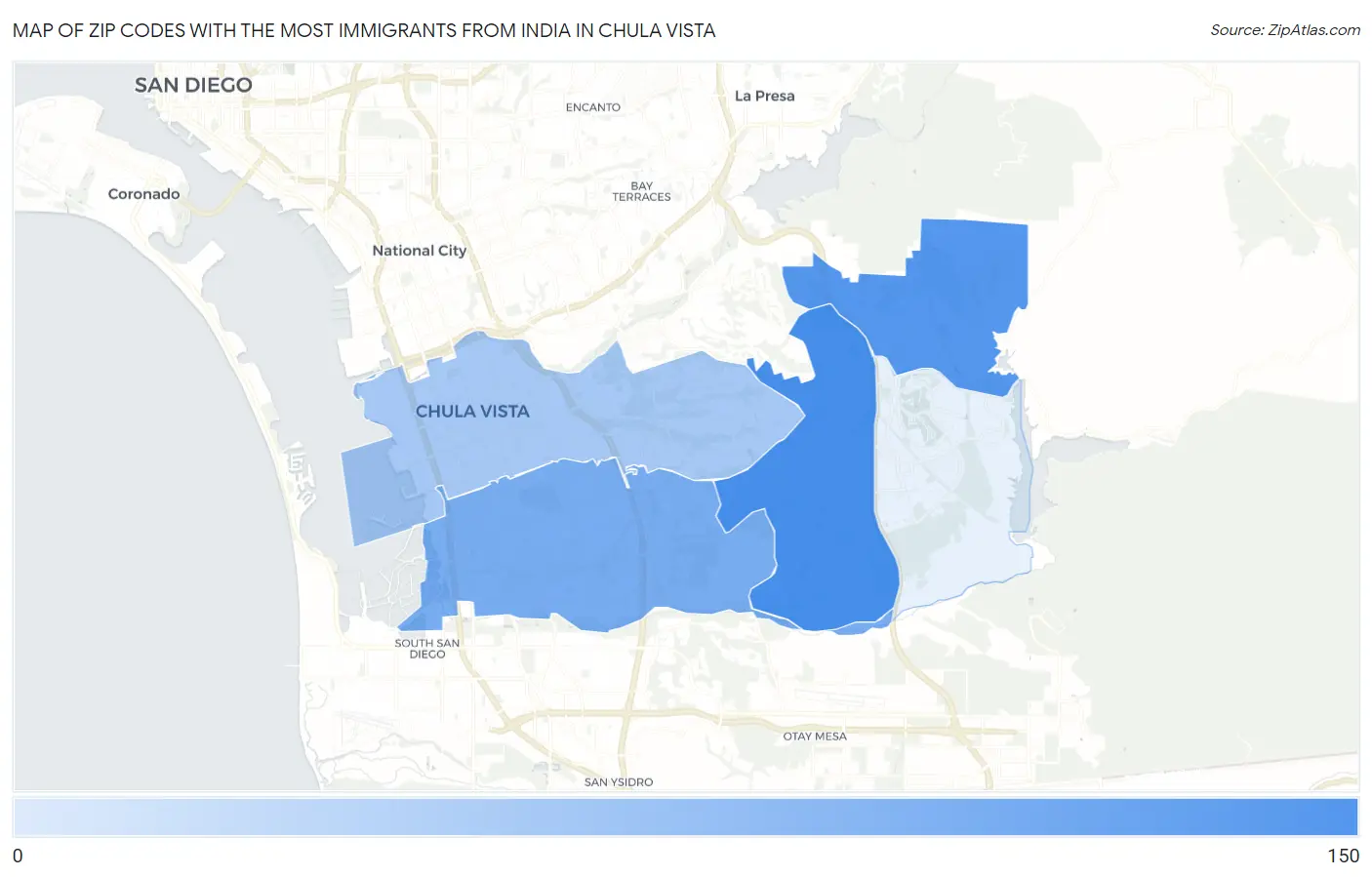 Zip Codes with the Most Immigrants from India in Chula Vista Map