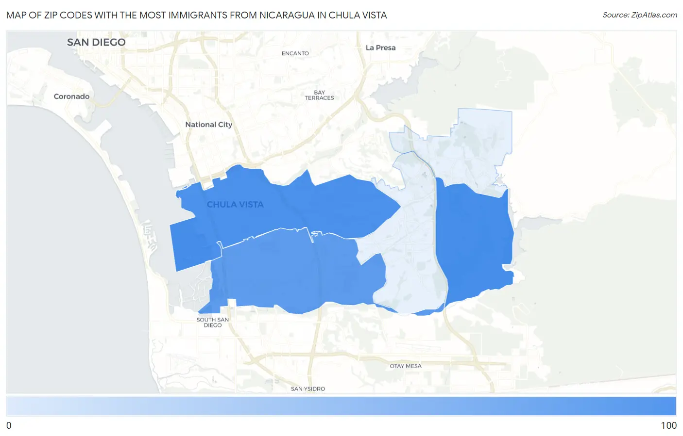 Zip Codes with the Most Immigrants from Nicaragua in Chula Vista Map