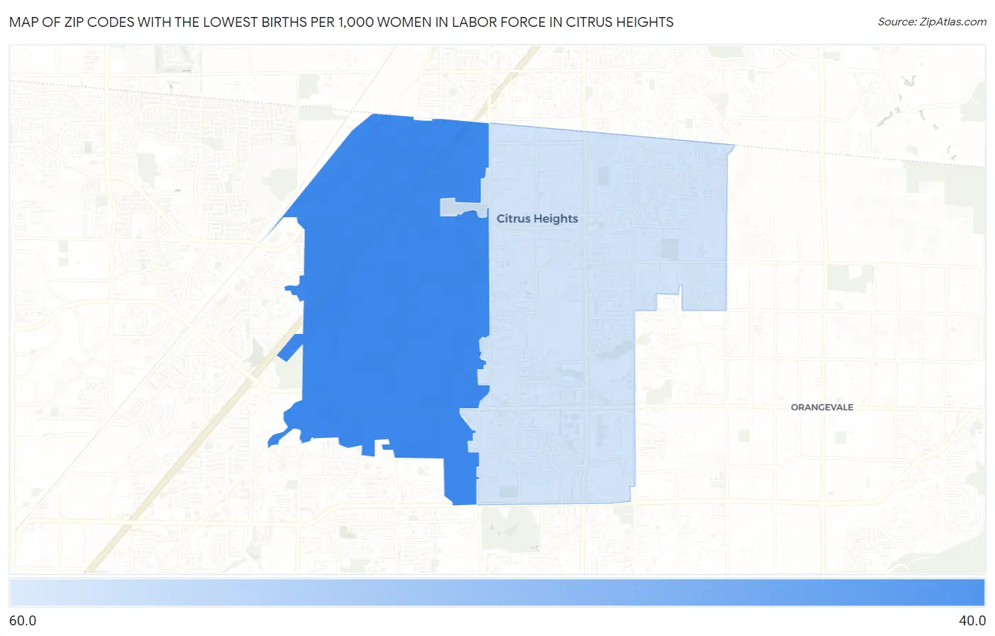 Zip Codes with the Lowest Births per 1,000 Women in Labor Force in Citrus Heights Map