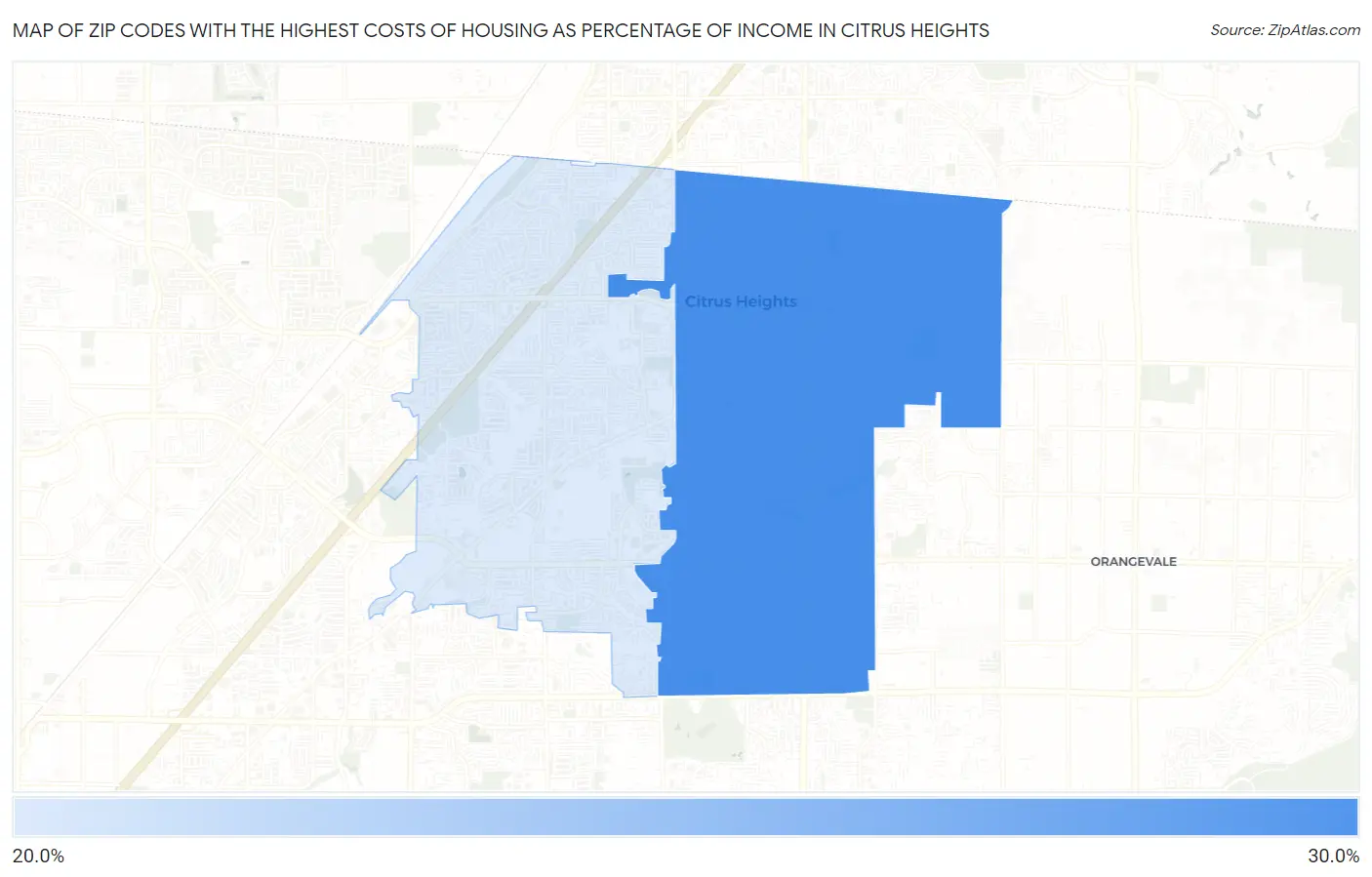 Zip Codes with the Highest Costs of Housing as Percentage of Income in Citrus Heights Map