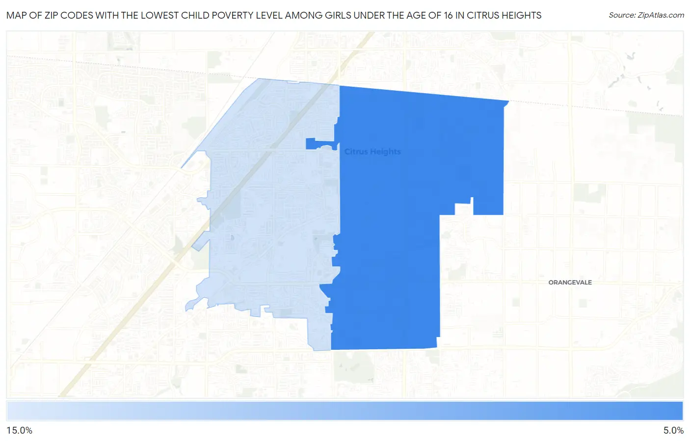 Zip Codes with the Lowest Child Poverty Level Among Girls Under the Age of 16 in Citrus Heights Map