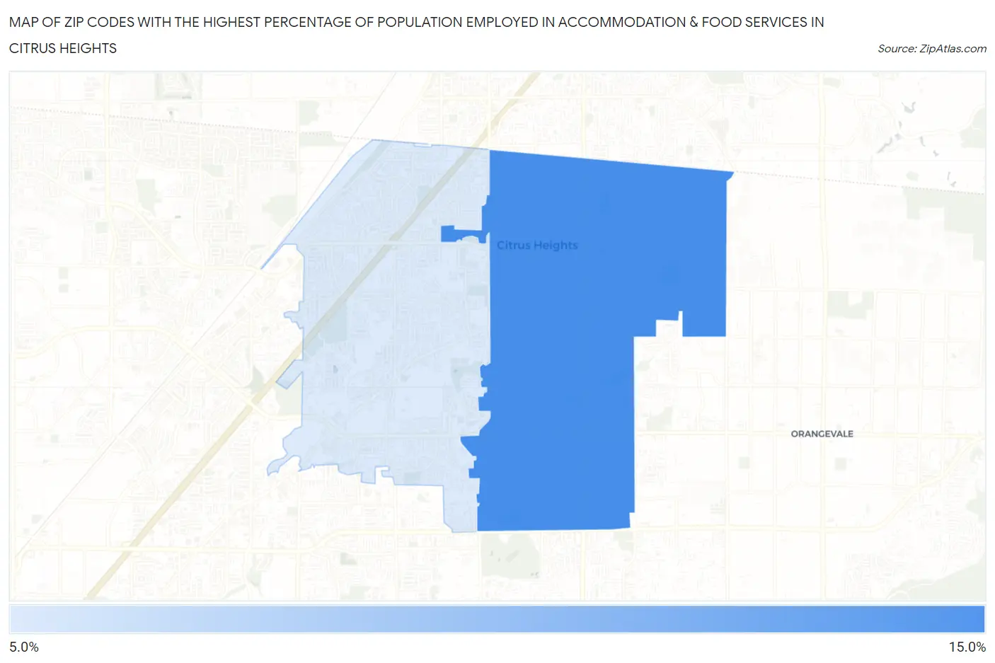 Zip Codes with the Highest Percentage of Population Employed in Accommodation & Food Services in Citrus Heights Map