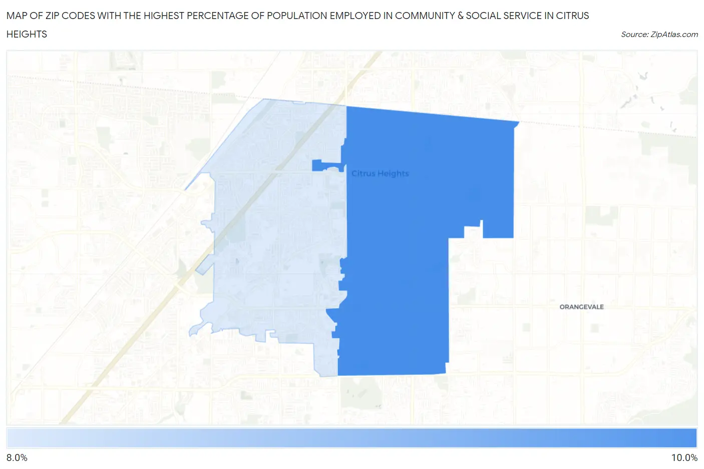 Zip Codes with the Highest Percentage of Population Employed in Community & Social Service  in Citrus Heights Map