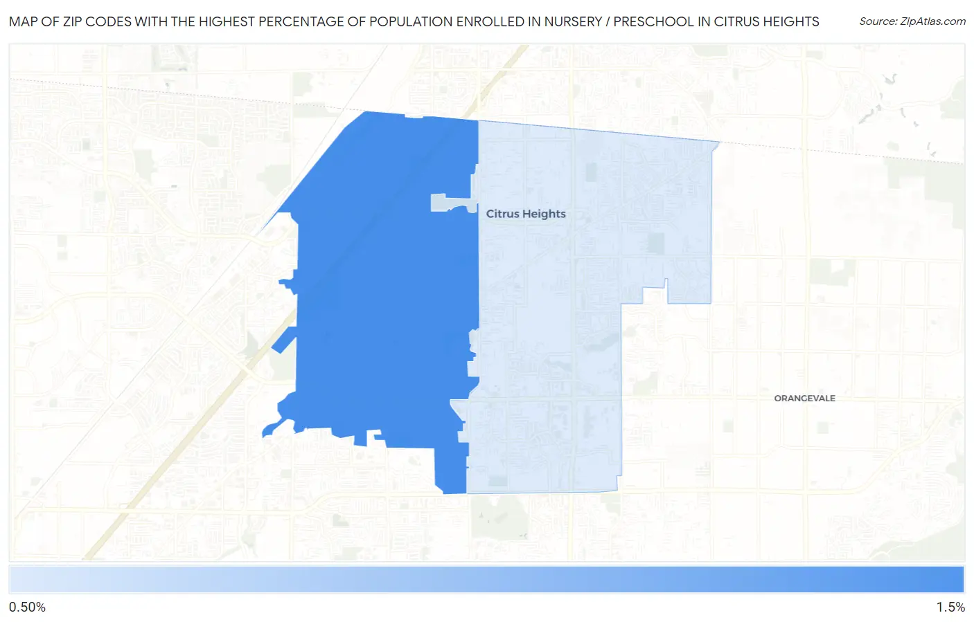 Zip Codes with the Highest Percentage of Population Enrolled in Nursery / Preschool in Citrus Heights Map