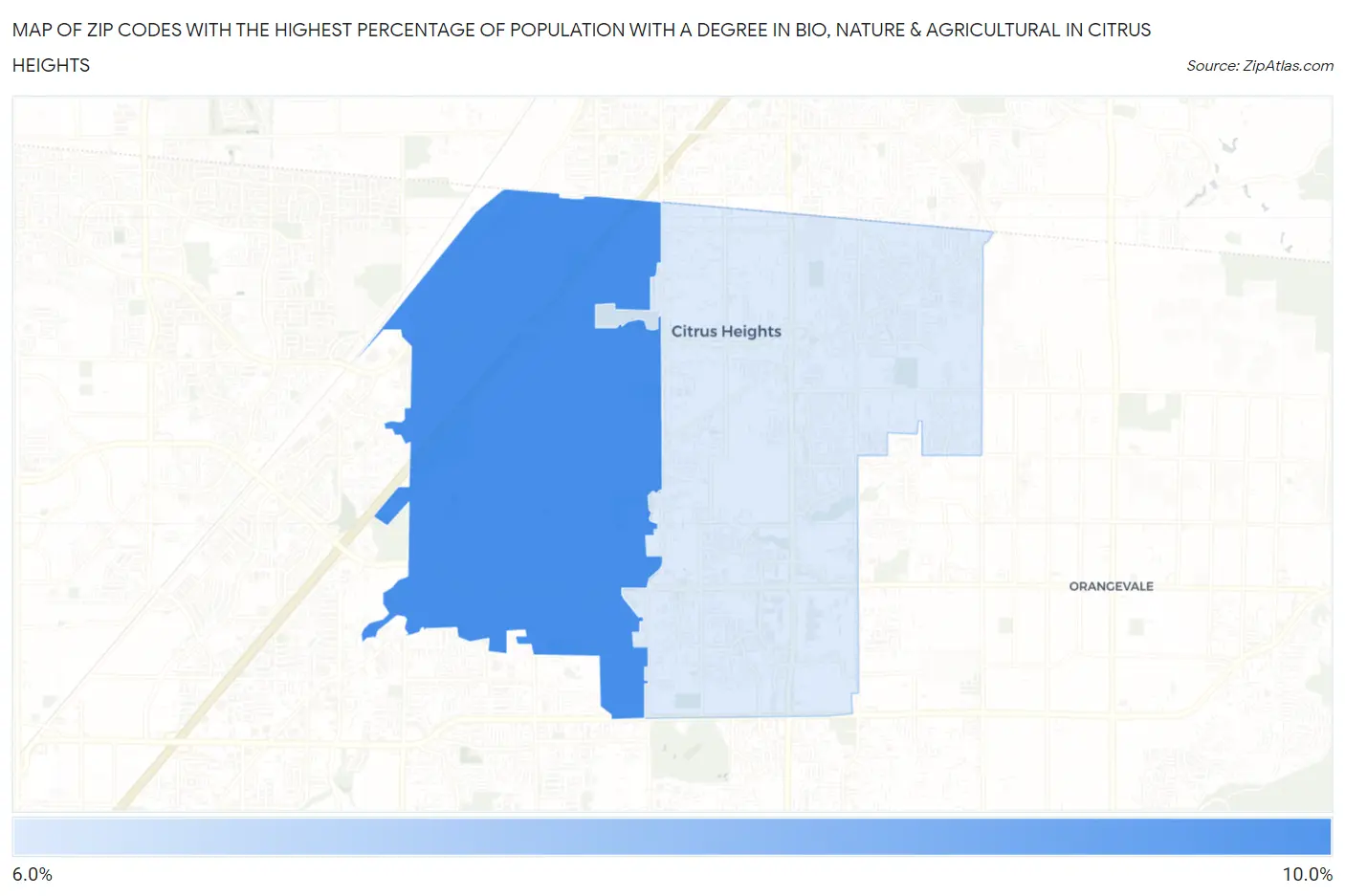 Zip Codes with the Highest Percentage of Population with a Degree in Bio, Nature & Agricultural in Citrus Heights Map