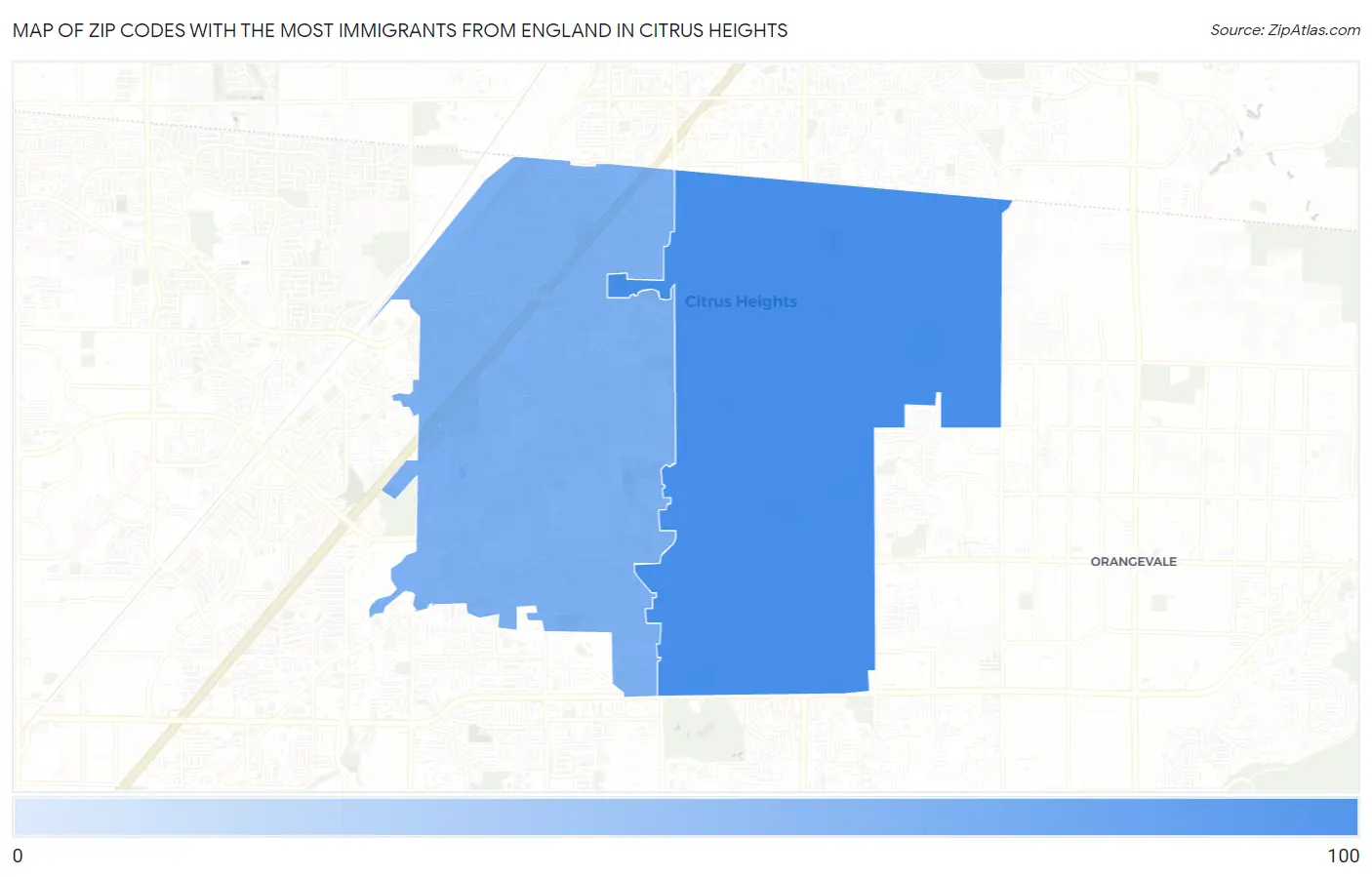 Zip Codes with the Most Immigrants from England in Citrus Heights Map