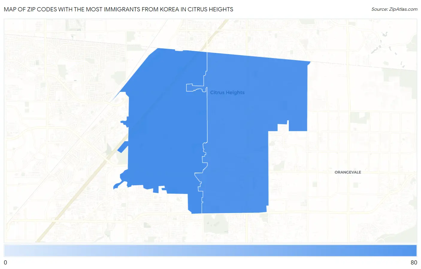 Zip Codes with the Most Immigrants from Korea in Citrus Heights Map