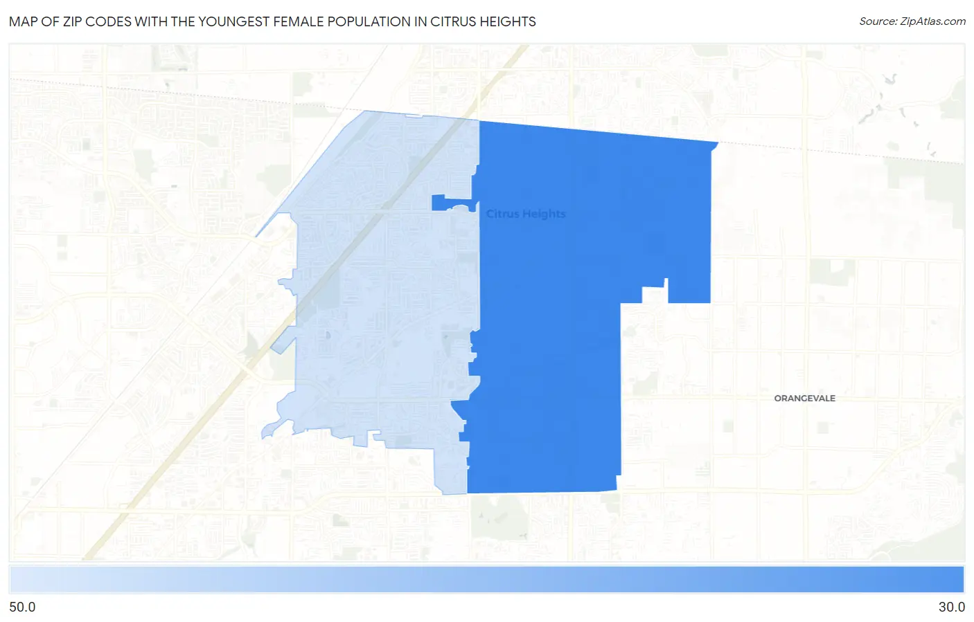 Zip Codes with the Youngest Female Population in Citrus Heights Map