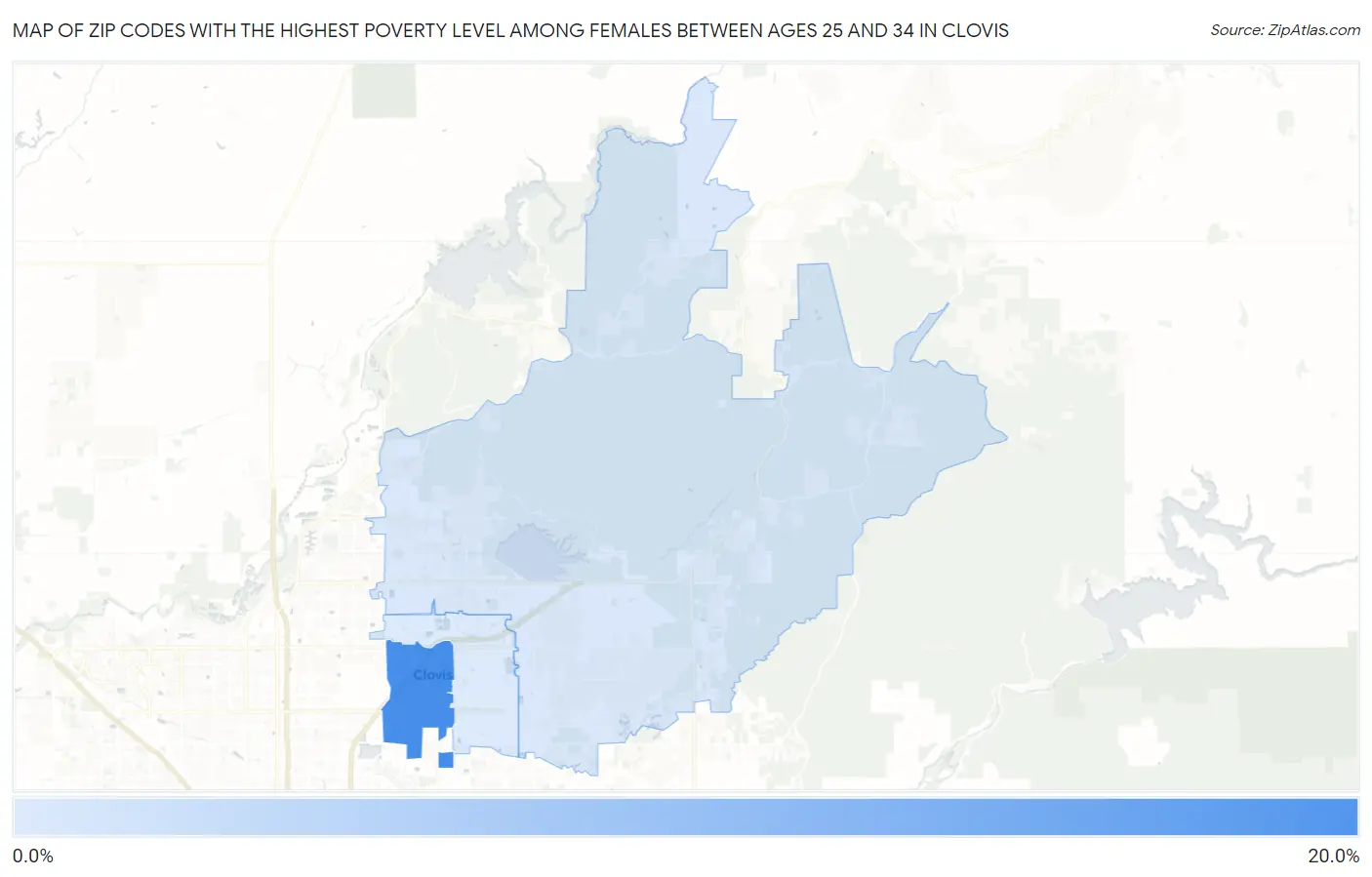Zip Codes with the Highest Poverty Level Among Females Between Ages 25 and 34 in Clovis Map