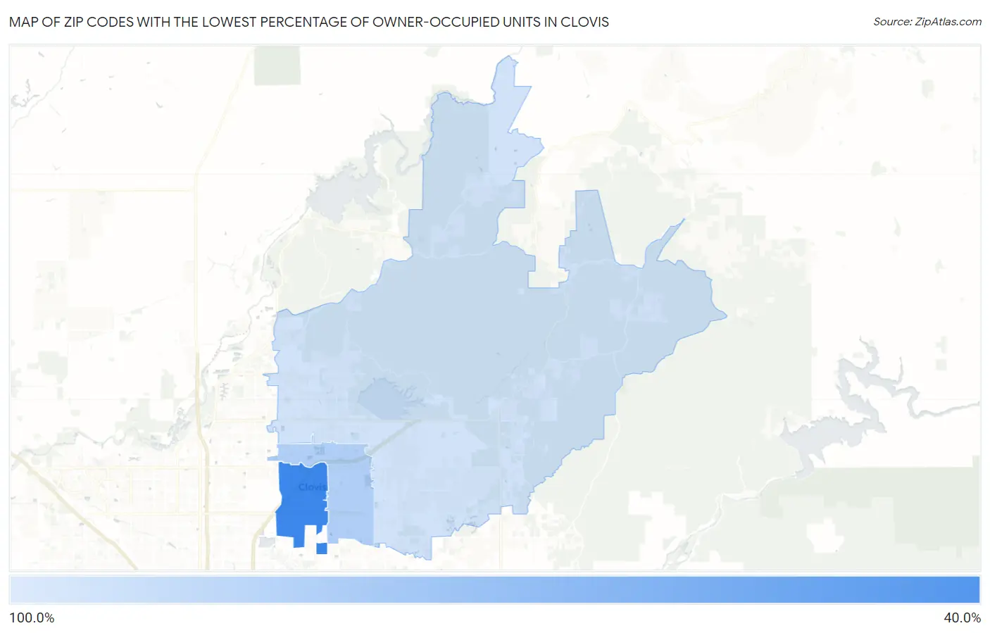 Zip Codes with the Lowest Percentage of Owner-Occupied Units in Clovis Map