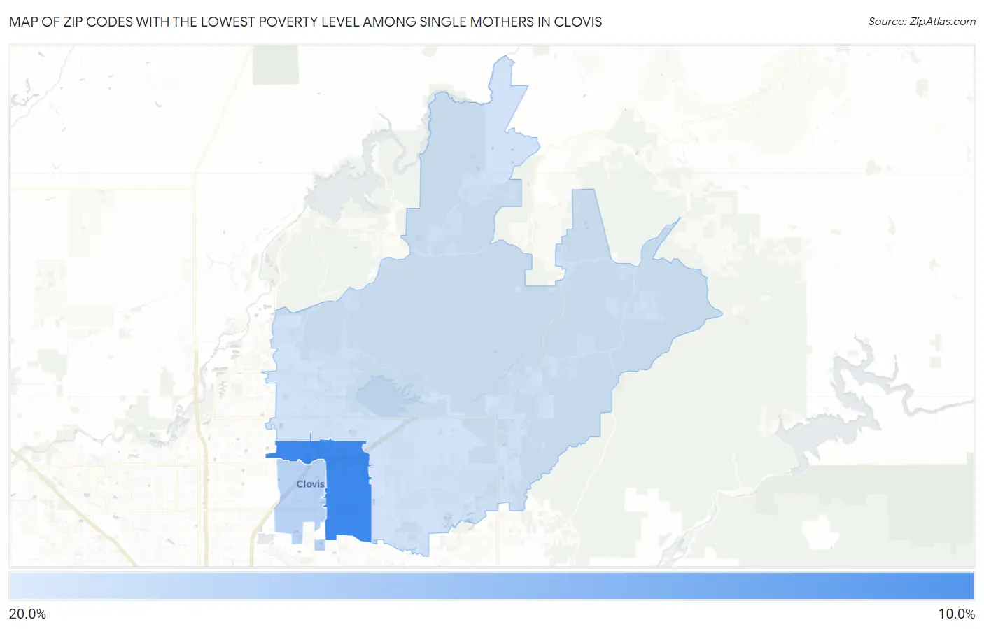 Zip Codes with the Lowest Poverty Level Among Single Mothers in Clovis Map