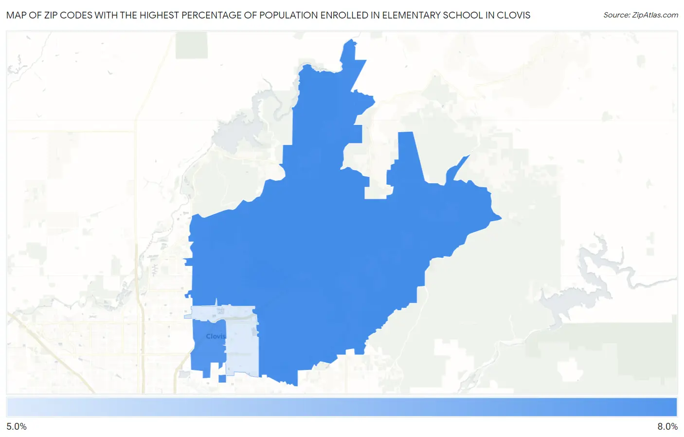 Zip Codes with the Highest Percentage of Population Enrolled in Elementary School in Clovis Map