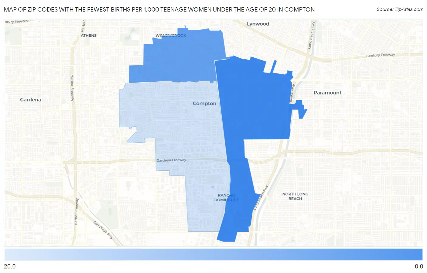 Zip Codes with the Fewest Births per 1,000 Teenage Women Under the Age of 20 in Compton Map