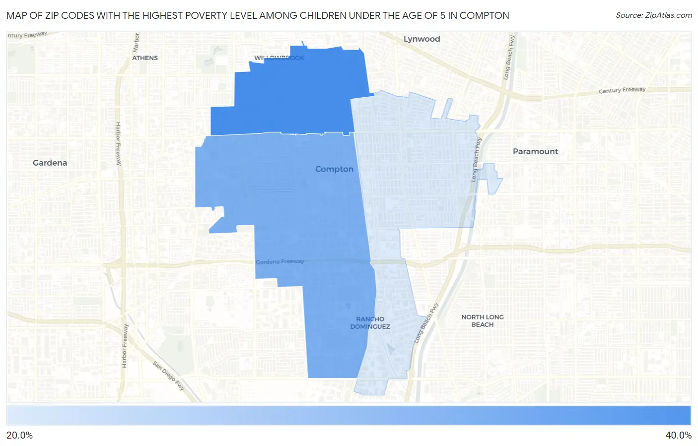 Zip Codes with the Highest Poverty Level Among Children Under the Age of 5 in Compton Map