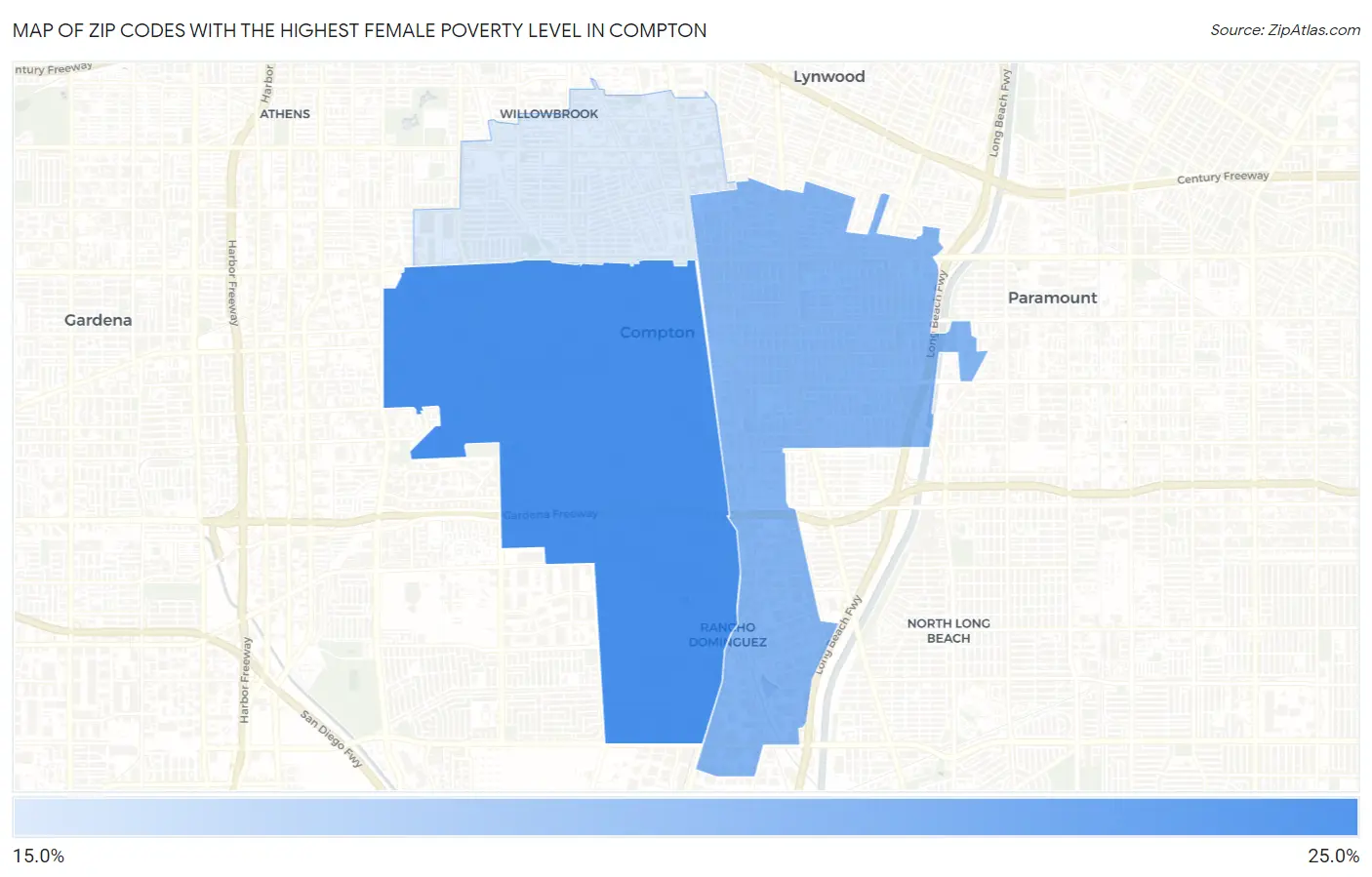 Zip Codes with the Highest Female Poverty Level in Compton Map