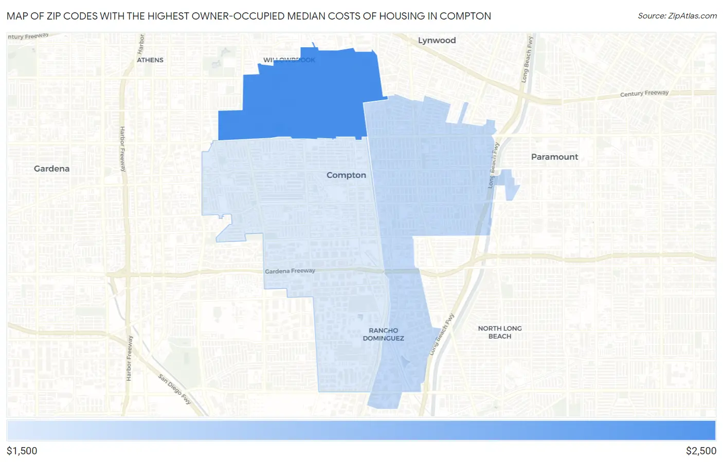 Zip Codes with the Highest Owner-Occupied Median Costs of Housing in Compton Map