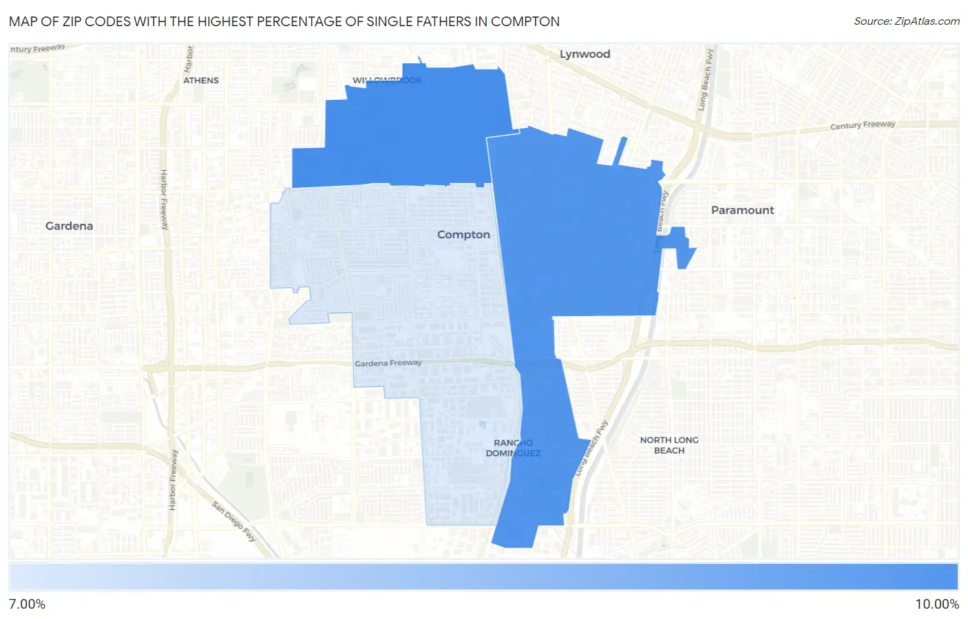 Zip Codes with the Highest Percentage of Single Fathers in Compton Map