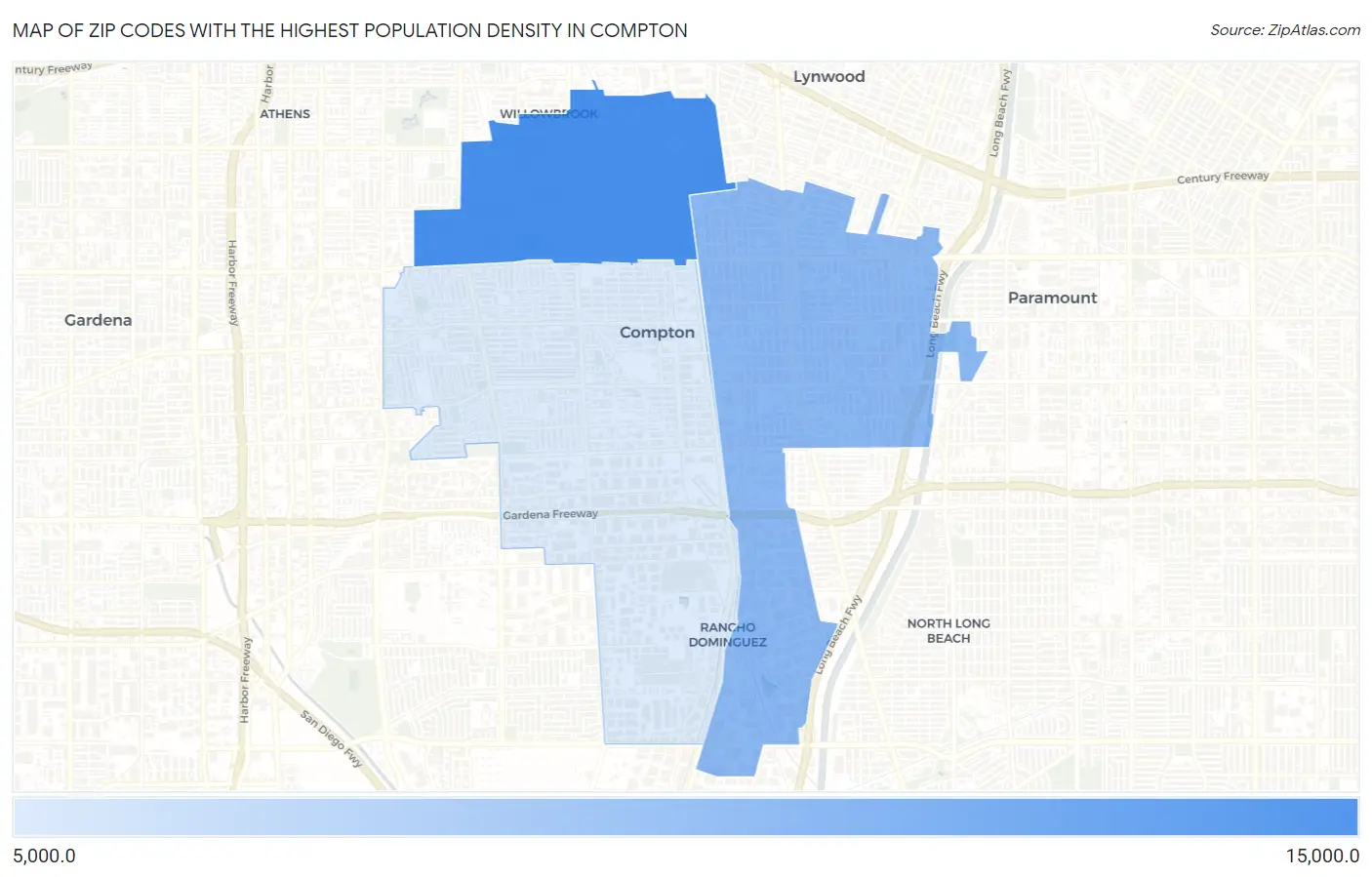 Zip Codes with the Highest Population Density in Compton Map