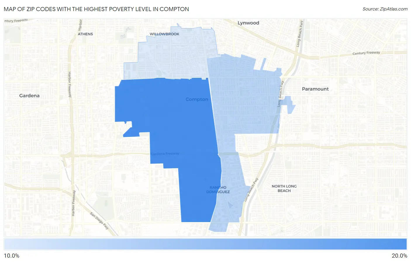 Zip Codes with the Highest Poverty Level in Compton Map