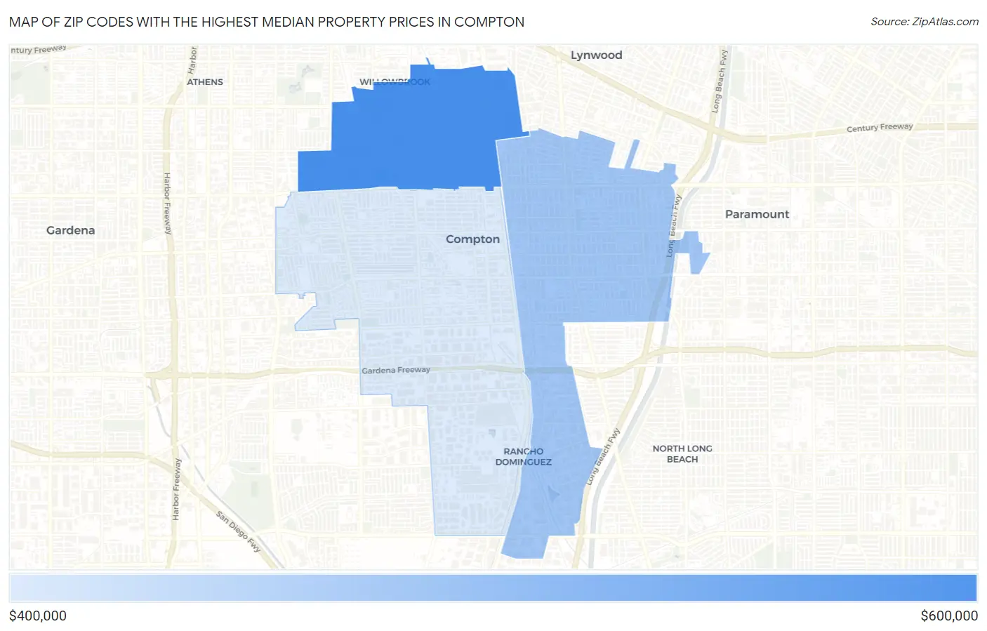 Zip Codes with the Highest Median Property Prices in Compton Map