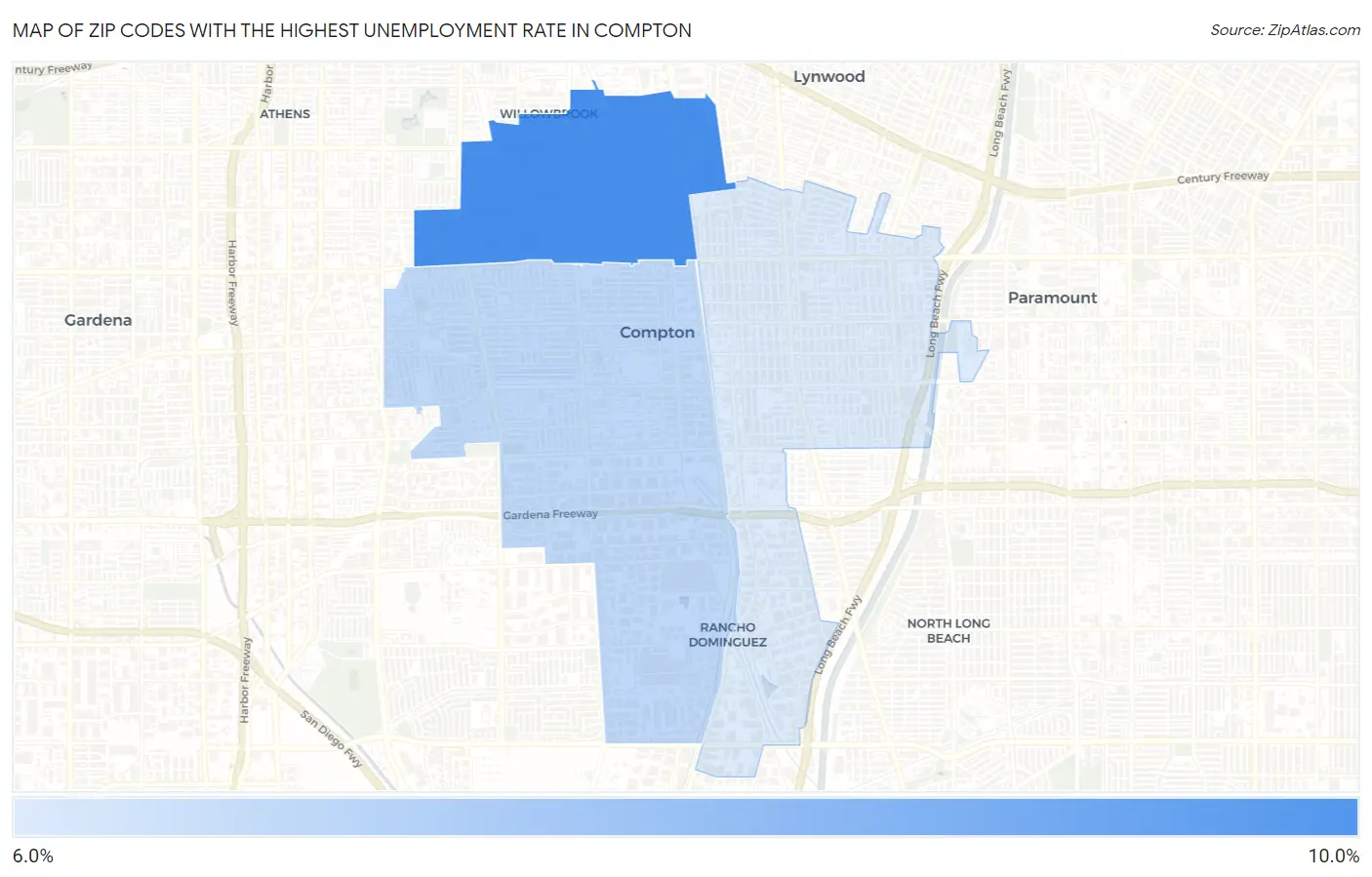 Zip Codes with the Highest Unemployment Rate in Compton Map