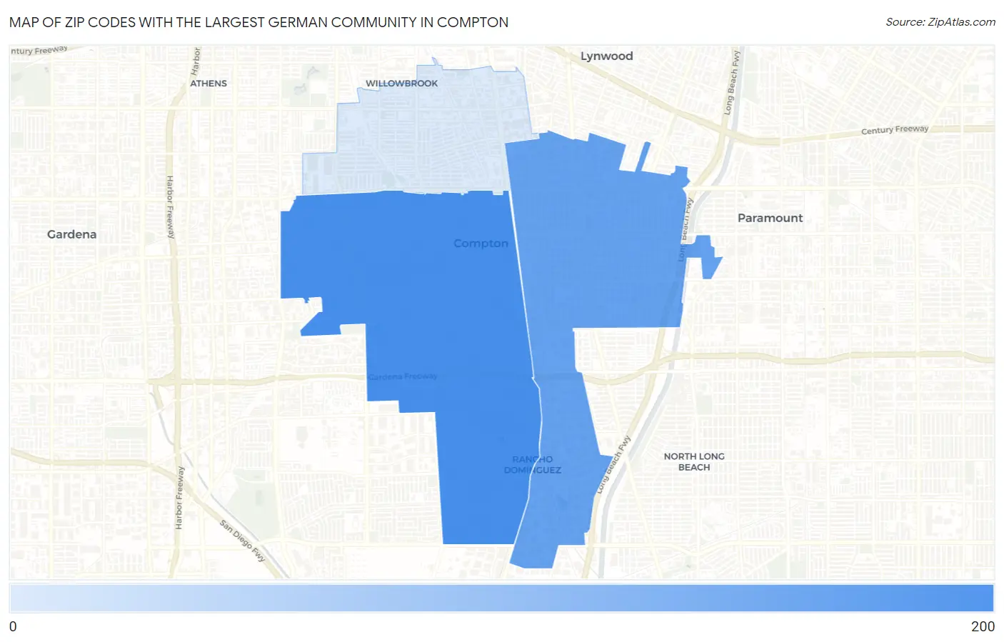Zip Codes with the Largest German Community in Compton Map