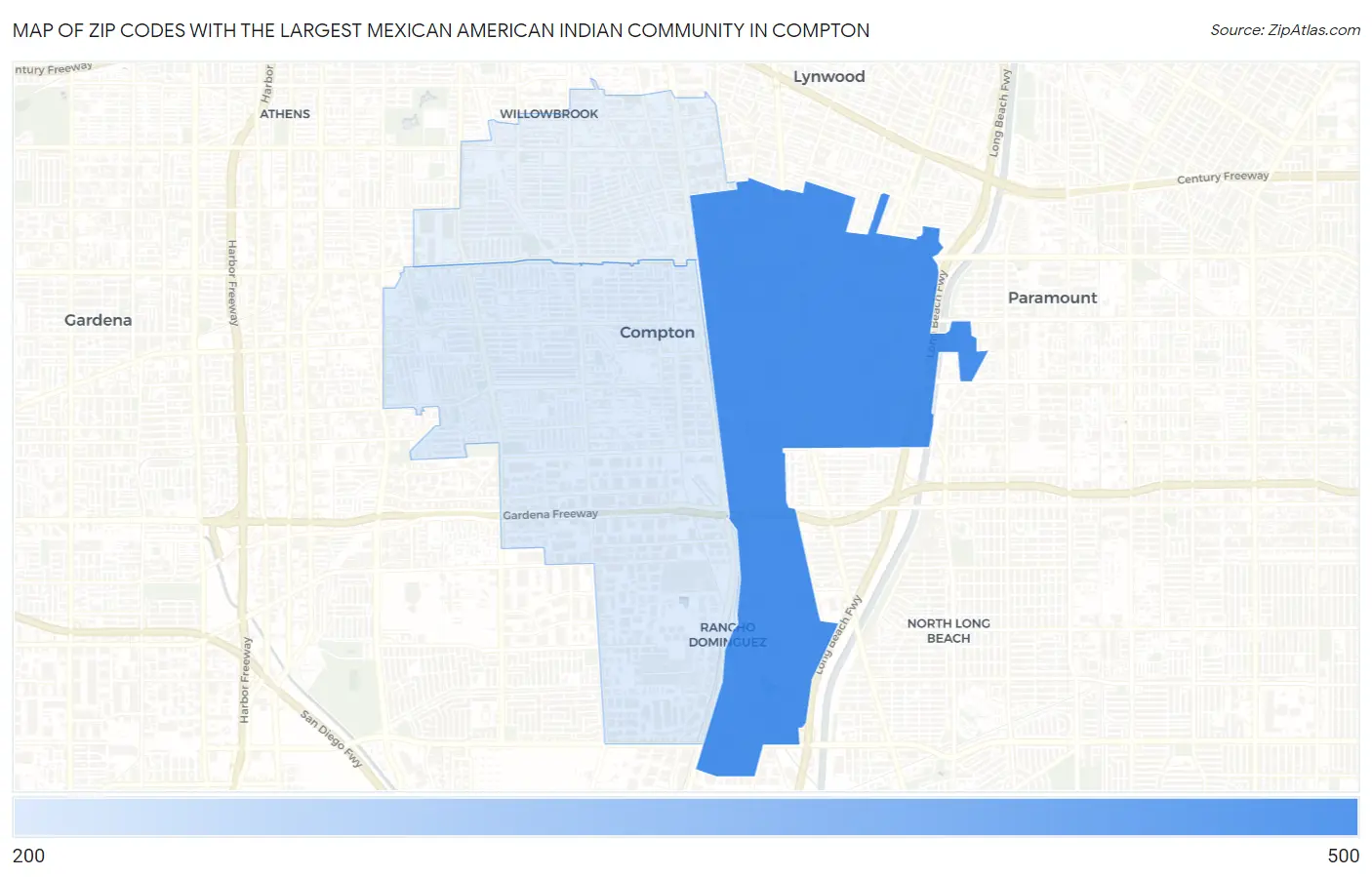 Zip Codes with the Largest Mexican American Indian Community in Compton Map