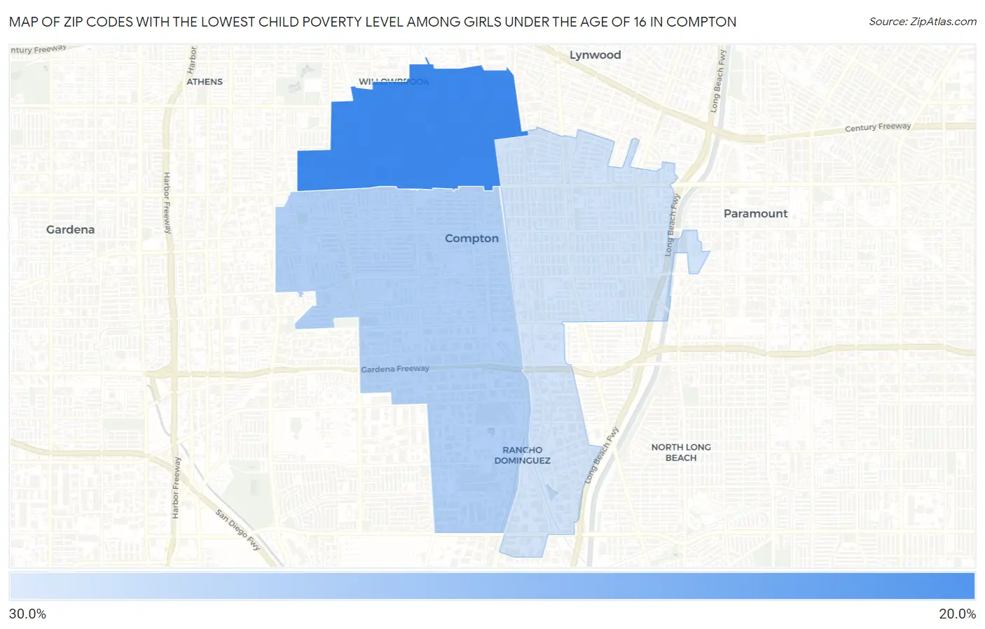Zip Codes with the Lowest Child Poverty Level Among Girls Under the Age of 16 in Compton Map