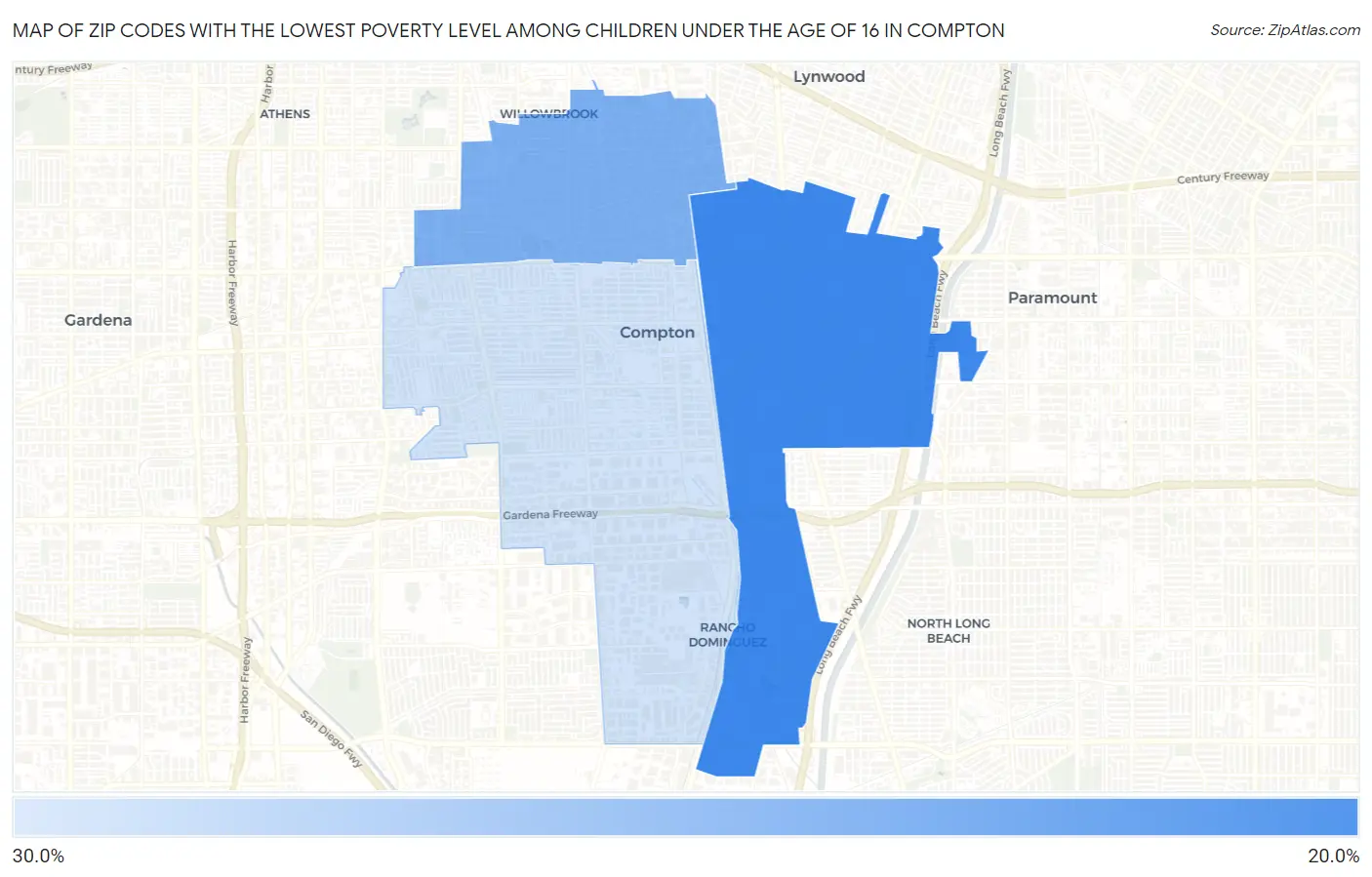 Zip Codes with the Lowest Poverty Level Among Children Under the Age of 16 in Compton Map