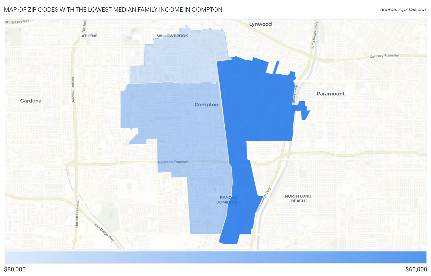 Zip Codes with the Lowest Median Family Income in Compton Map