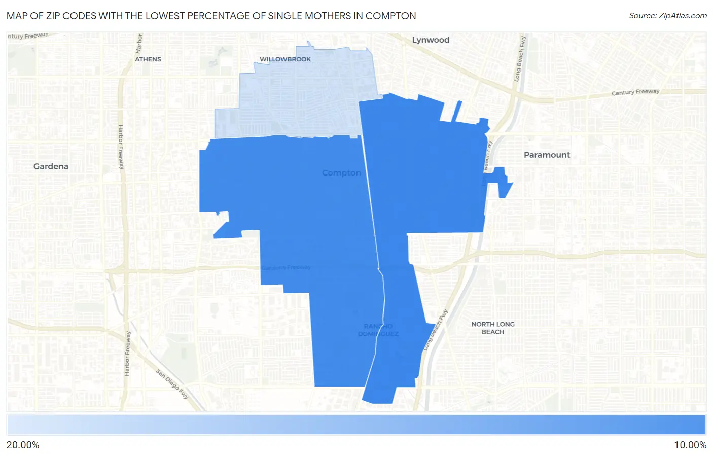 Zip Codes with the Lowest Percentage of Single Mothers in Compton Map