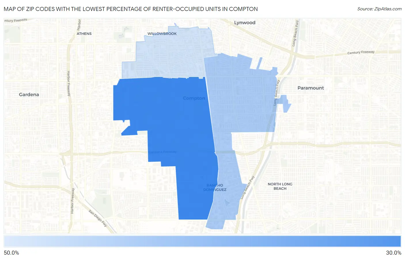 Zip Codes with the Lowest Percentage of Renter-Occupied Units in Compton Map