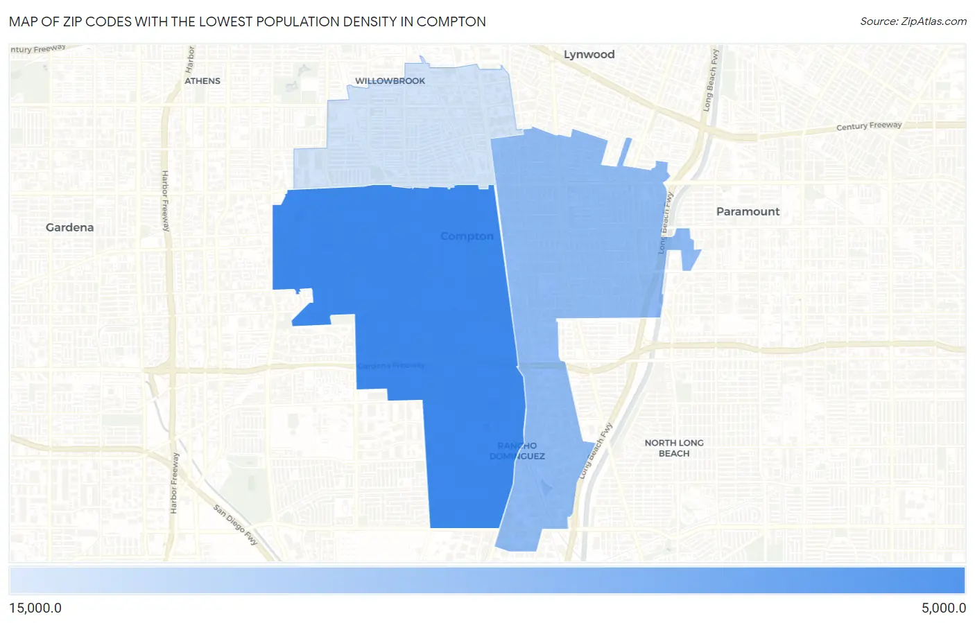 Zip Codes with the Lowest Population Density in Compton Map