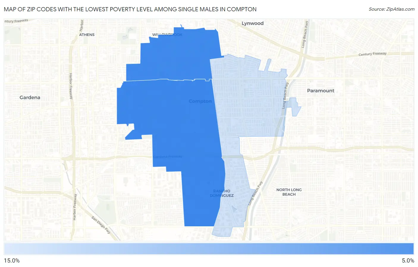 Zip Codes with the Lowest Poverty Level Among Single Males in Compton Map