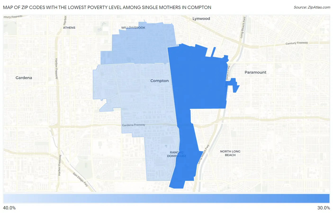 Zip Codes with the Lowest Poverty Level Among Single Mothers in Compton Map