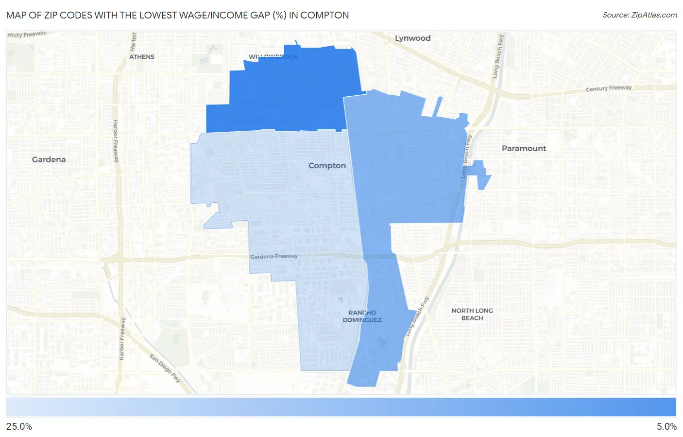 Zip Codes with the Lowest Wage/Income Gap (%) in Compton Map