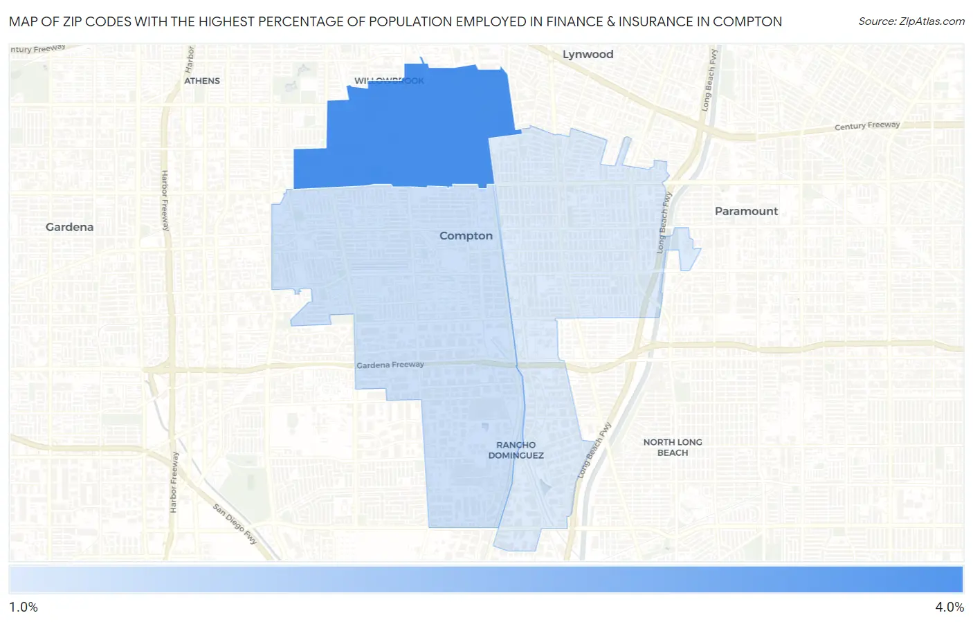 Zip Codes with the Highest Percentage of Population Employed in Finance & Insurance in Compton Map