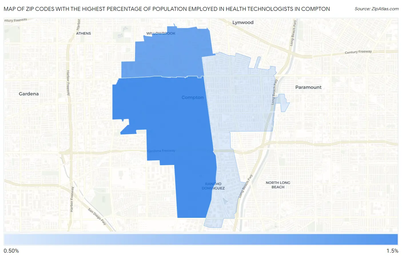 Zip Codes with the Highest Percentage of Population Employed in Health Technologists in Compton Map