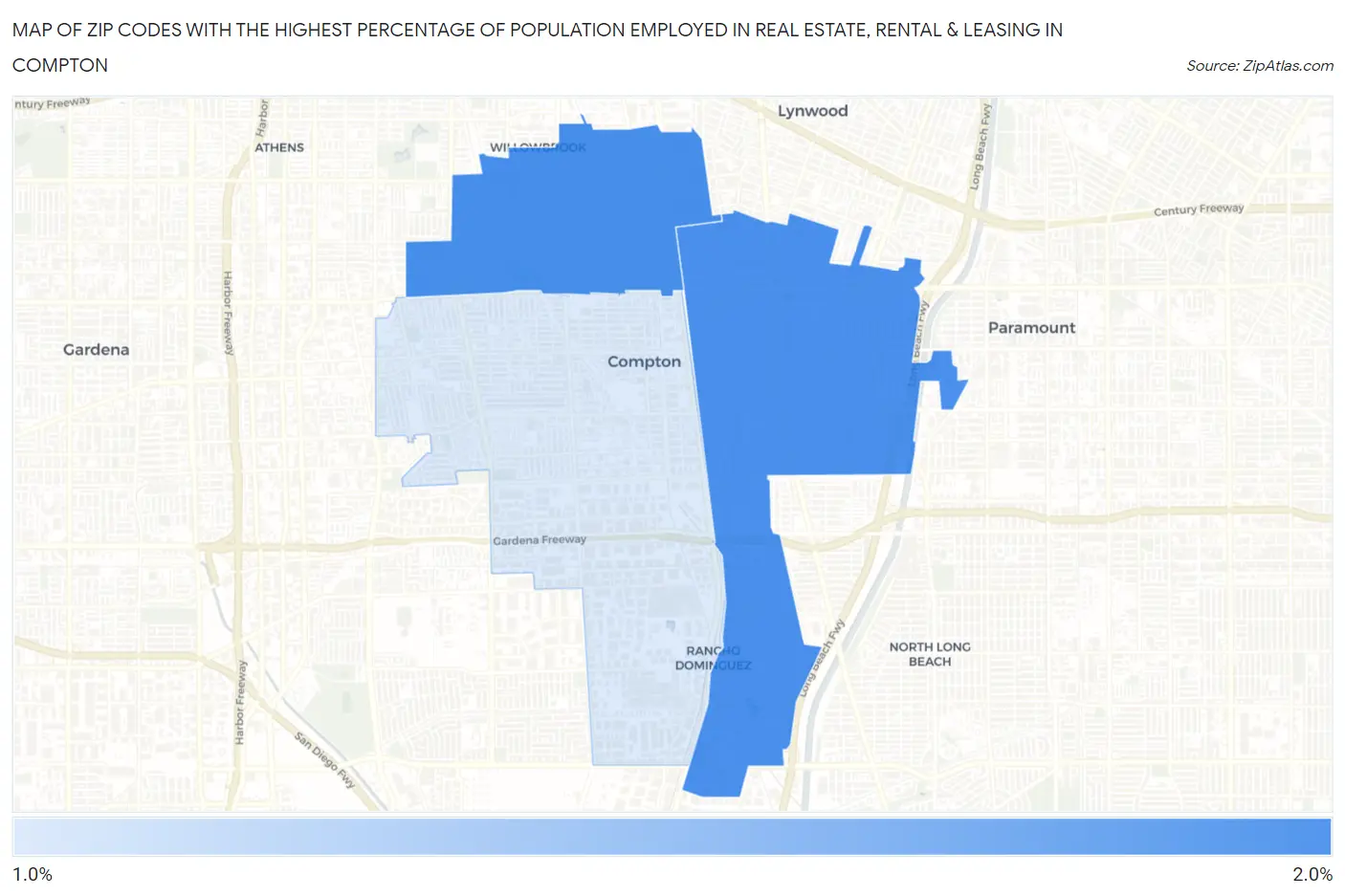 Zip Codes with the Highest Percentage of Population Employed in Real Estate, Rental & Leasing in Compton Map