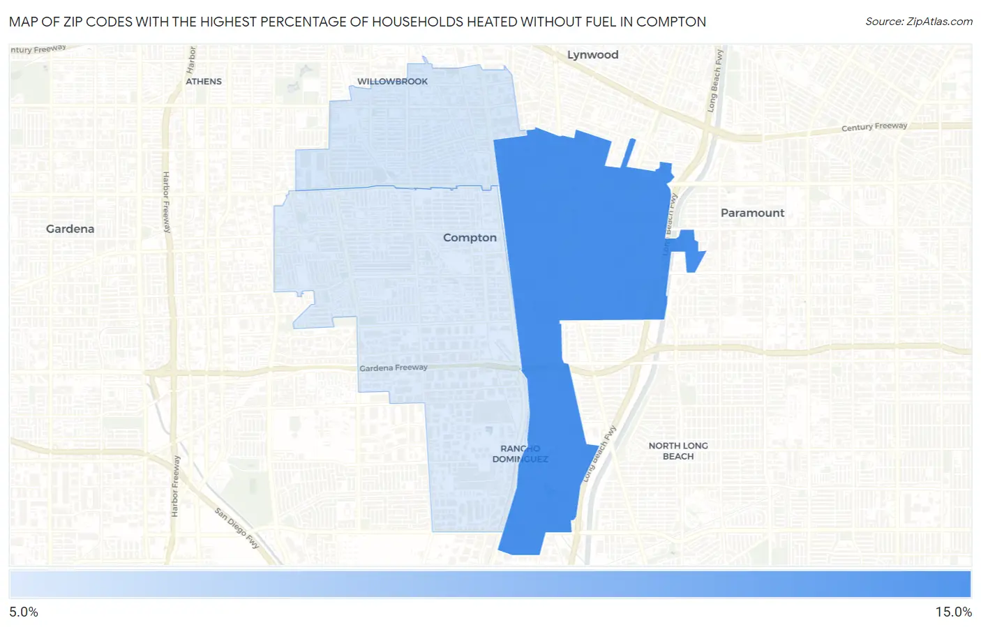 Zip Codes with the Highest Percentage of Households Heated without Fuel in Compton Map