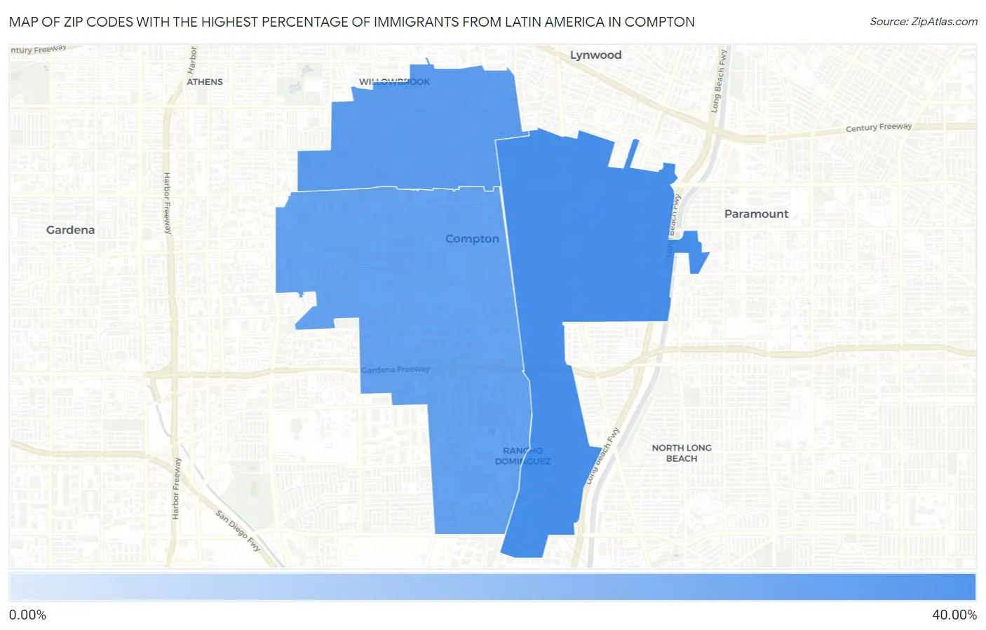 Zip Codes with the Highest Percentage of Immigrants from Latin America in Compton Map