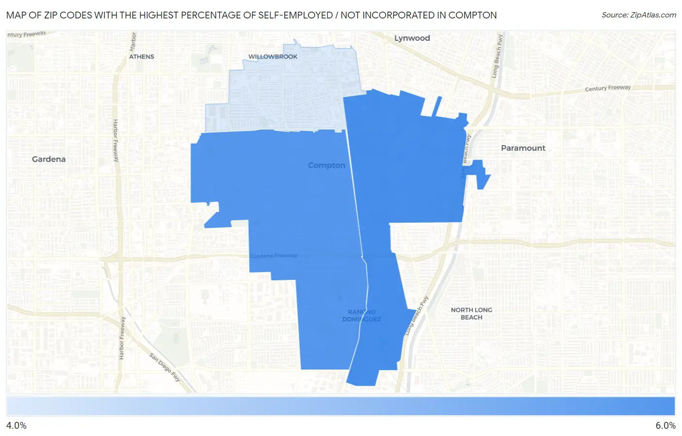 Zip Codes with the Highest Percentage of Self-Employed / Not Incorporated in Compton Map