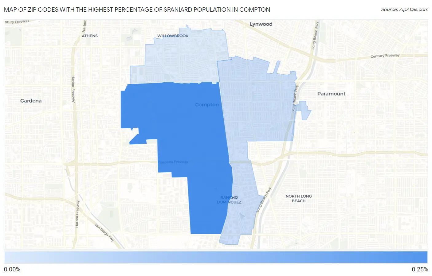 Zip Codes with the Highest Percentage of Spaniard Population in Compton Map